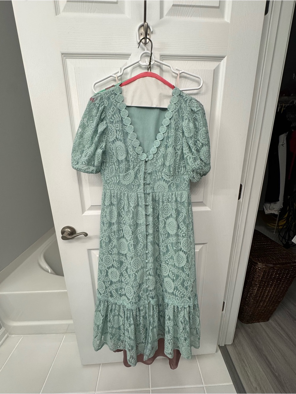 Mint Lace Midi Dress with Scalloped V-Neck